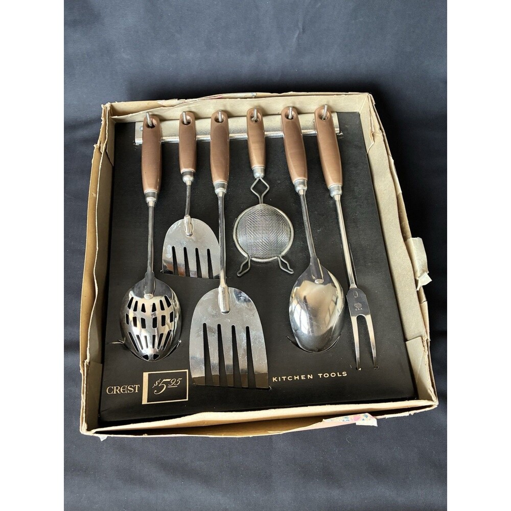 Vtg Ekco 6 Piece Utensil Set W Rack in Original Crest Kitchen Tools Box Copper